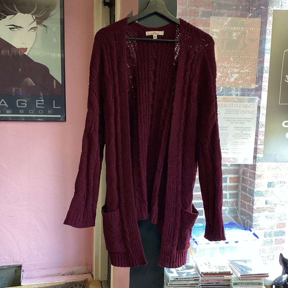 Burgundy Open-Front Knit Cardigan pockets